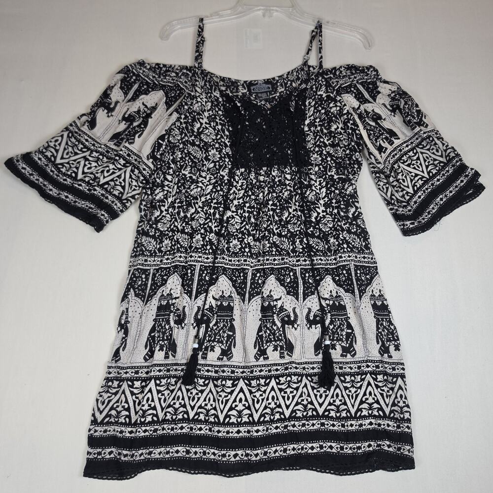Angie Women's Boho Cold Shoulder Elephant Print Dress Black White Size M NWOT